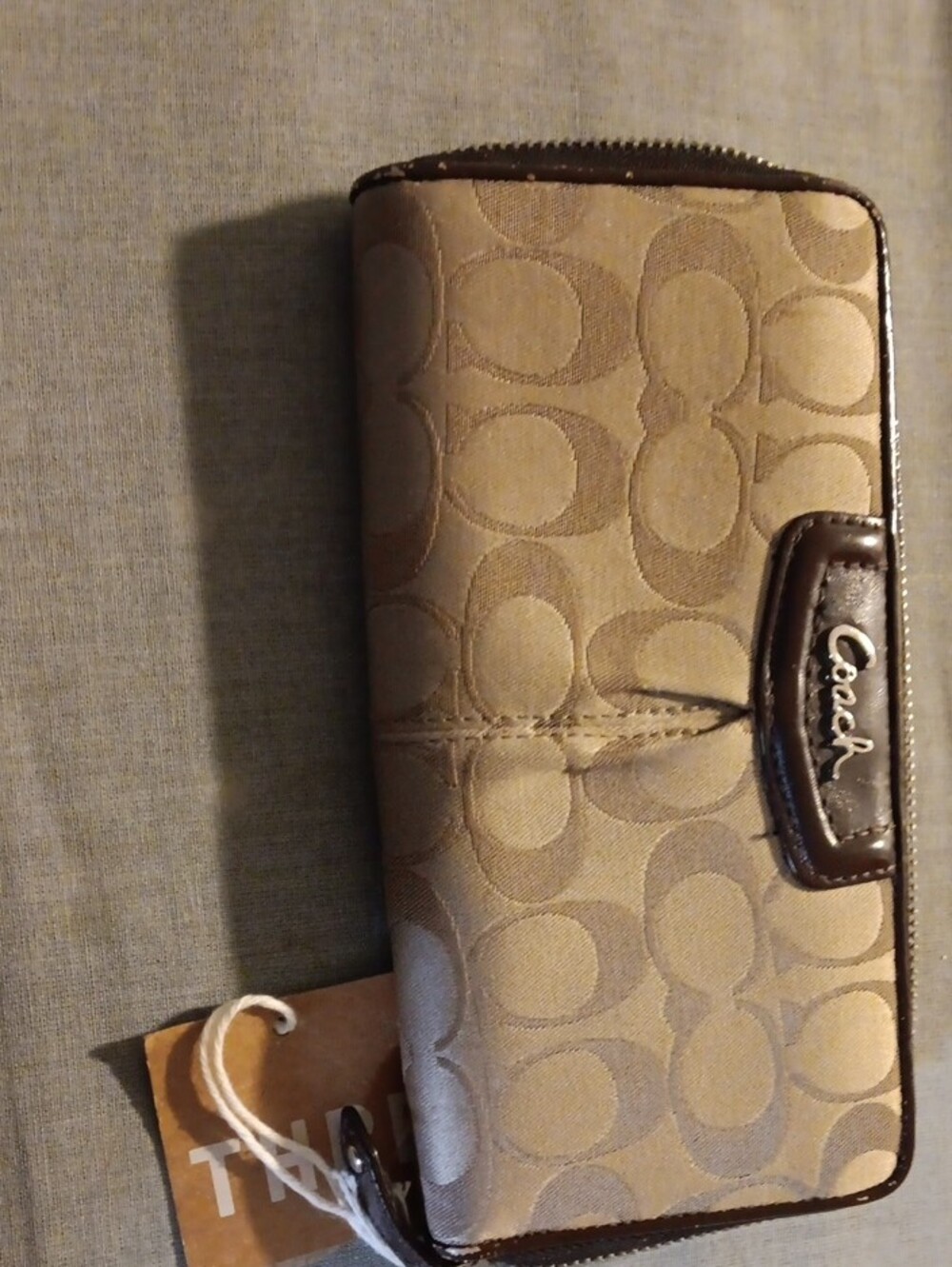 Coach Signature Canvas Zip-Around Wallet in Tan and Brown - Picture 2 of 7
